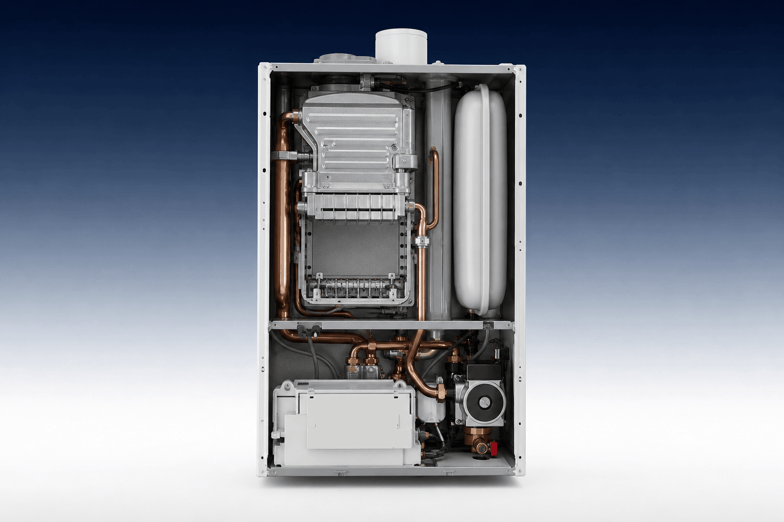 Cutaway view of a modern condensing boiler showing internal components during a professional boiler service