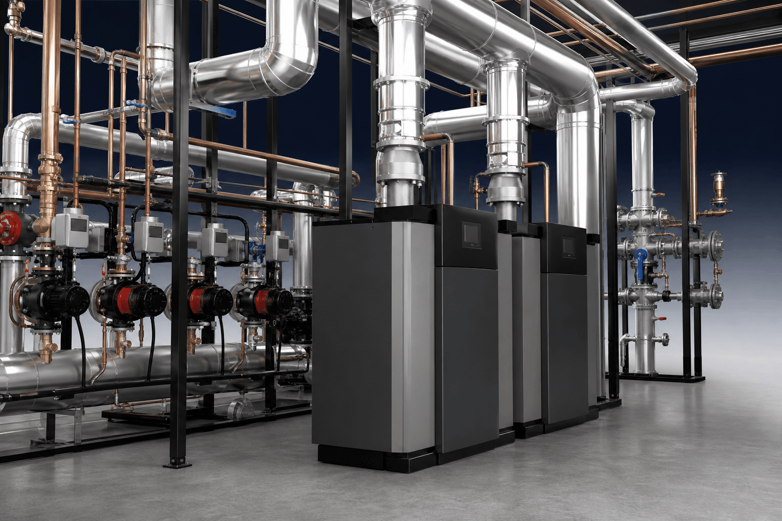 Modern commercial plant room with boilers, circulation pumps, valves and insulated pipework