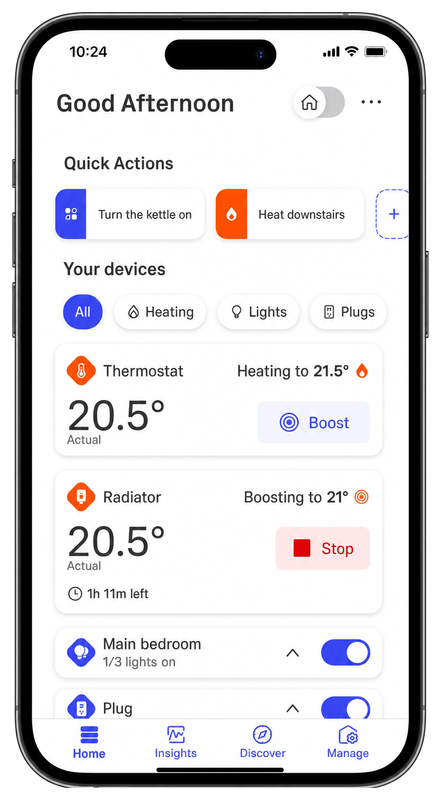 Smart heating control app on a smartphone showing thermostat, radiator and room device controls